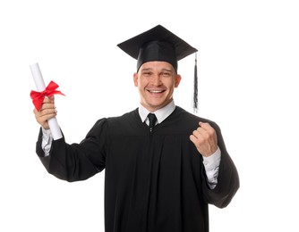 Photo of Happy student with diploma after graduation on white background