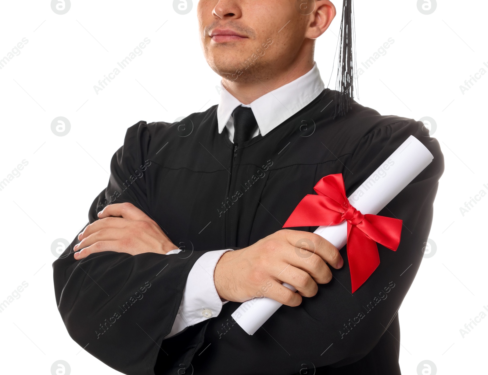 Photo of Student with diploma after graduation on white background, closeup