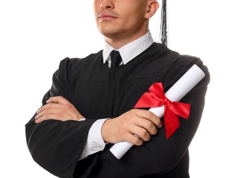 Photo of Student with diploma after graduation on white background, closeup