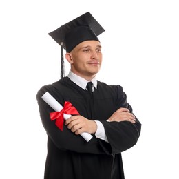 Photo of Student with diploma after graduation on white background