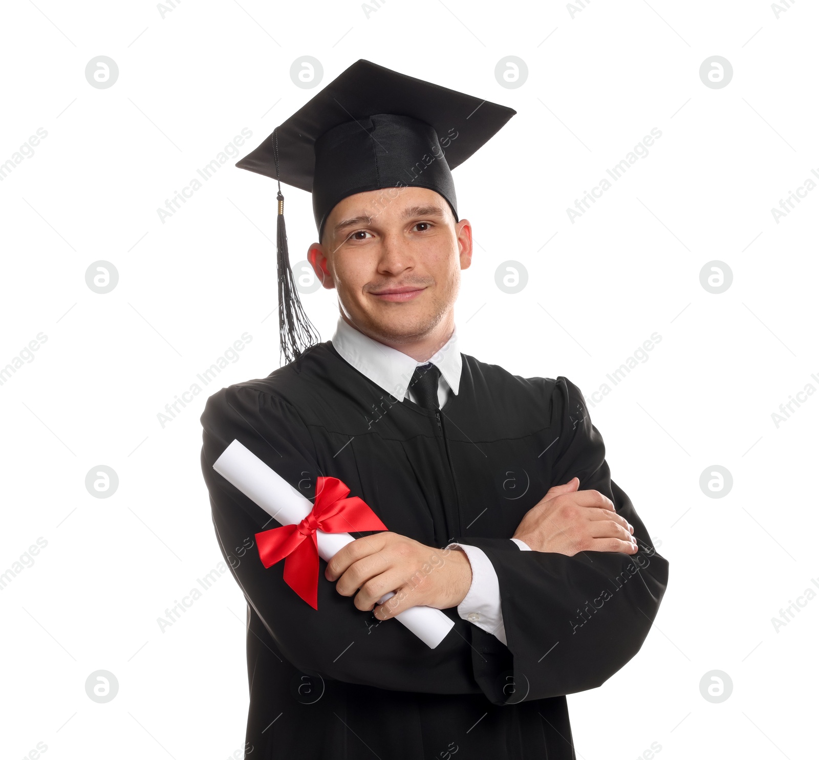 Photo of Student with diploma after graduation on white background