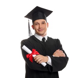 Photo of Student with diploma after graduation on white background
