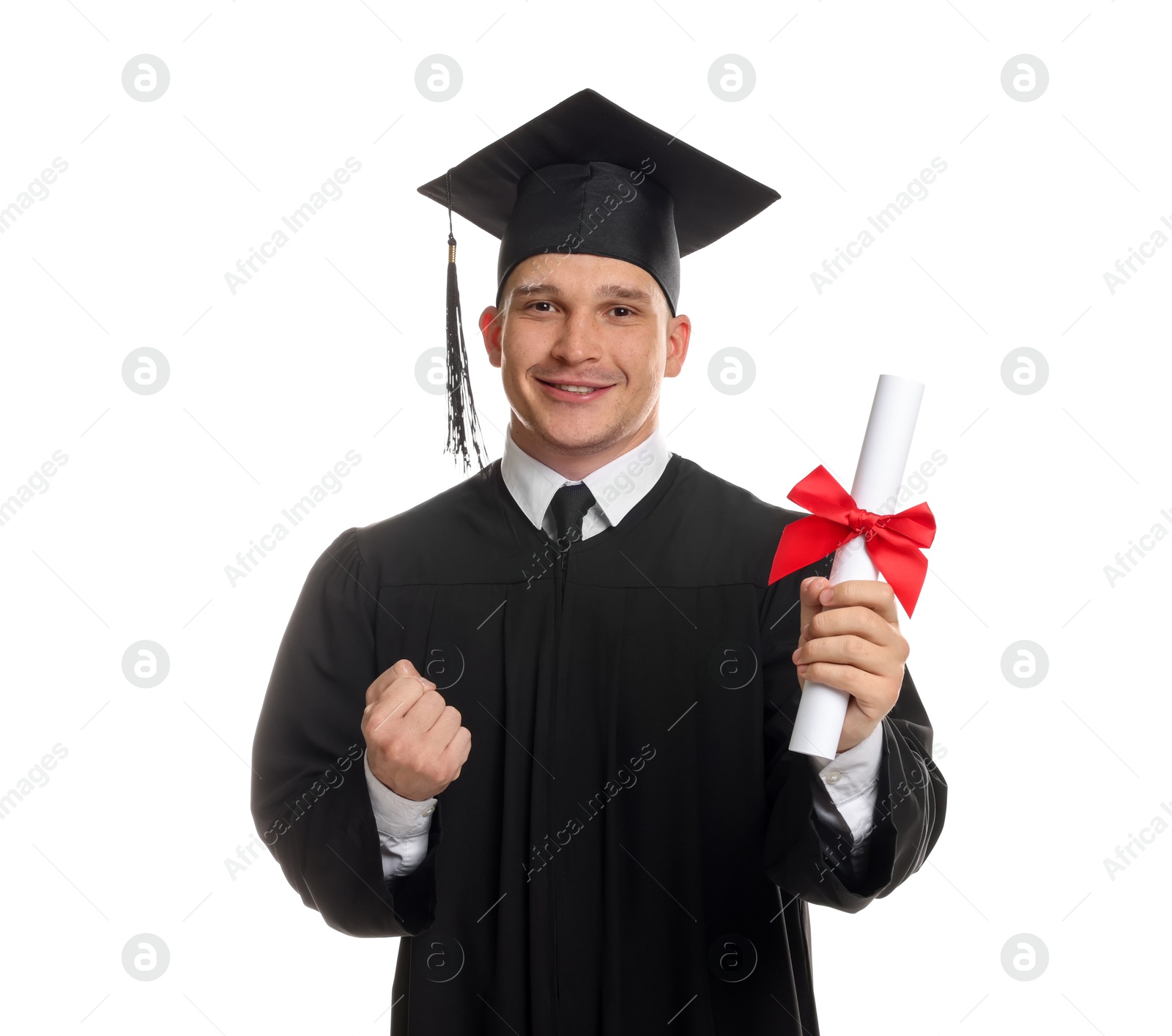 Photo of Happy student with diploma after graduation on white background