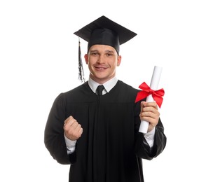 Photo of Happy student with diploma after graduation on white background