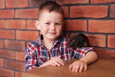 Photo of Little boy with his pet rat at wooden table indoors
