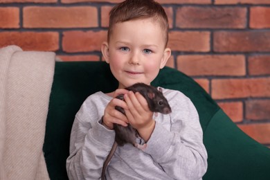 Photo of Little boy with his pet rat on sofa at home