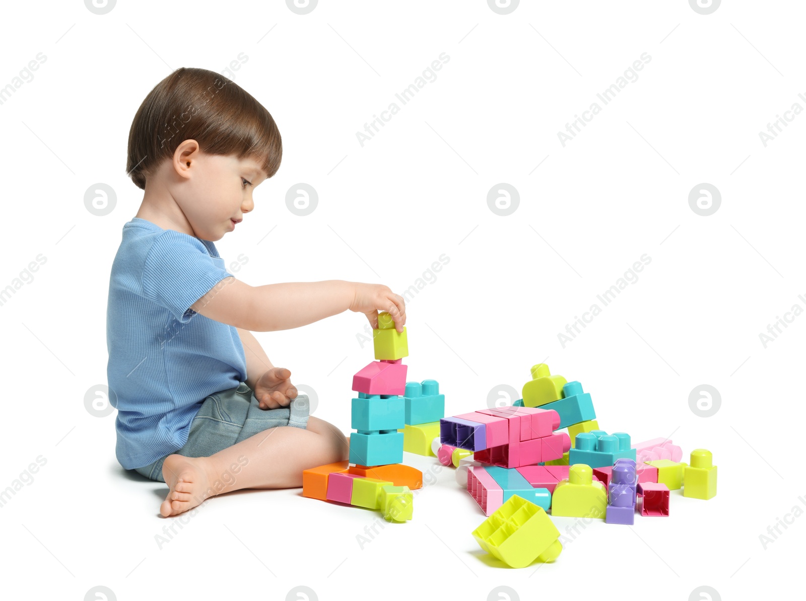 Cute little boy playing with building bricks on white background Photo of Cute little boy playing with building bricks on white background
