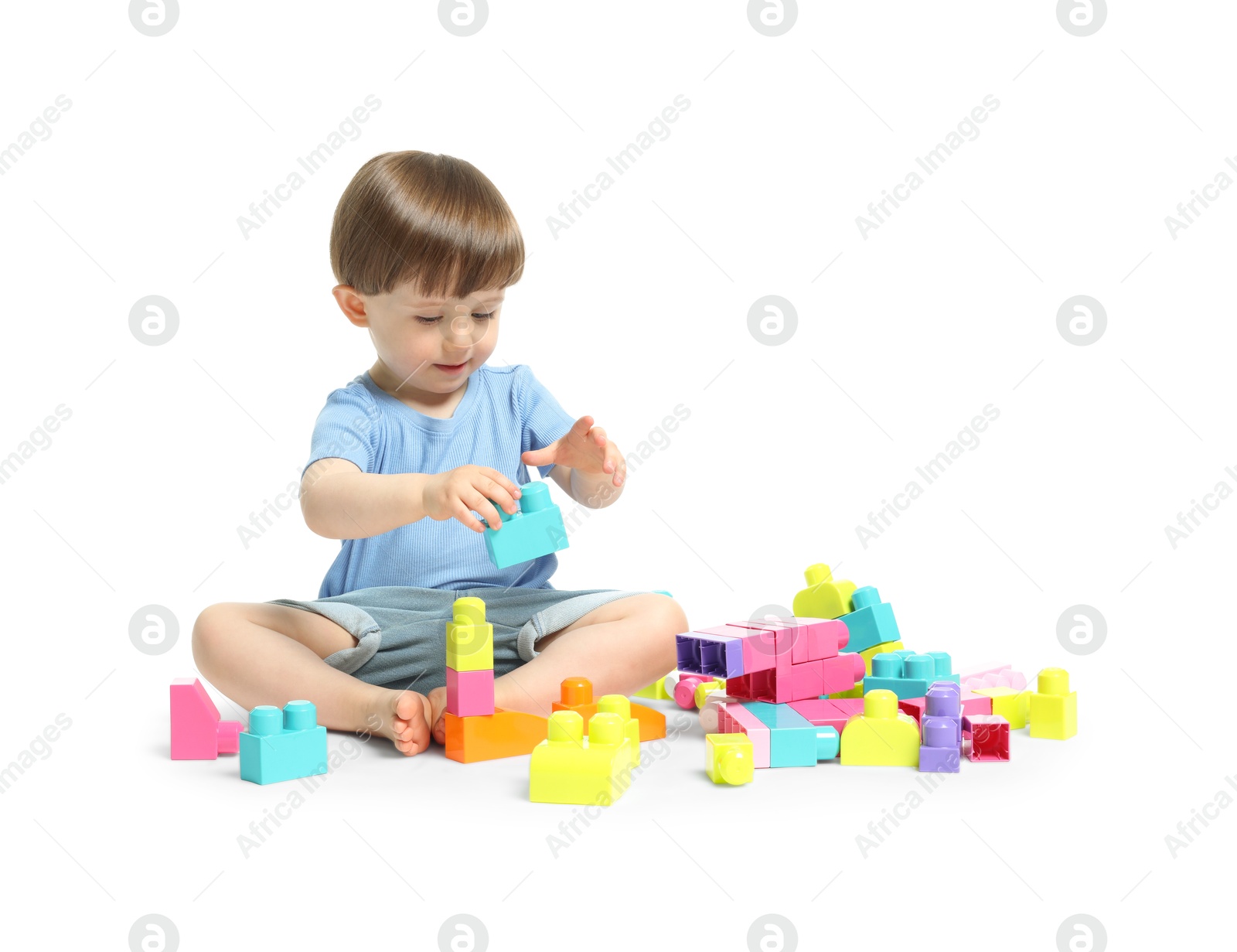 Cute little boy playing with building bricks on white background Photo of Cute little boy playing with building bricks on white background