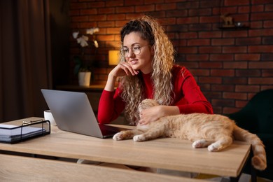 Photo of Smiling woman working with laptop and stroking cat at desk in home office
