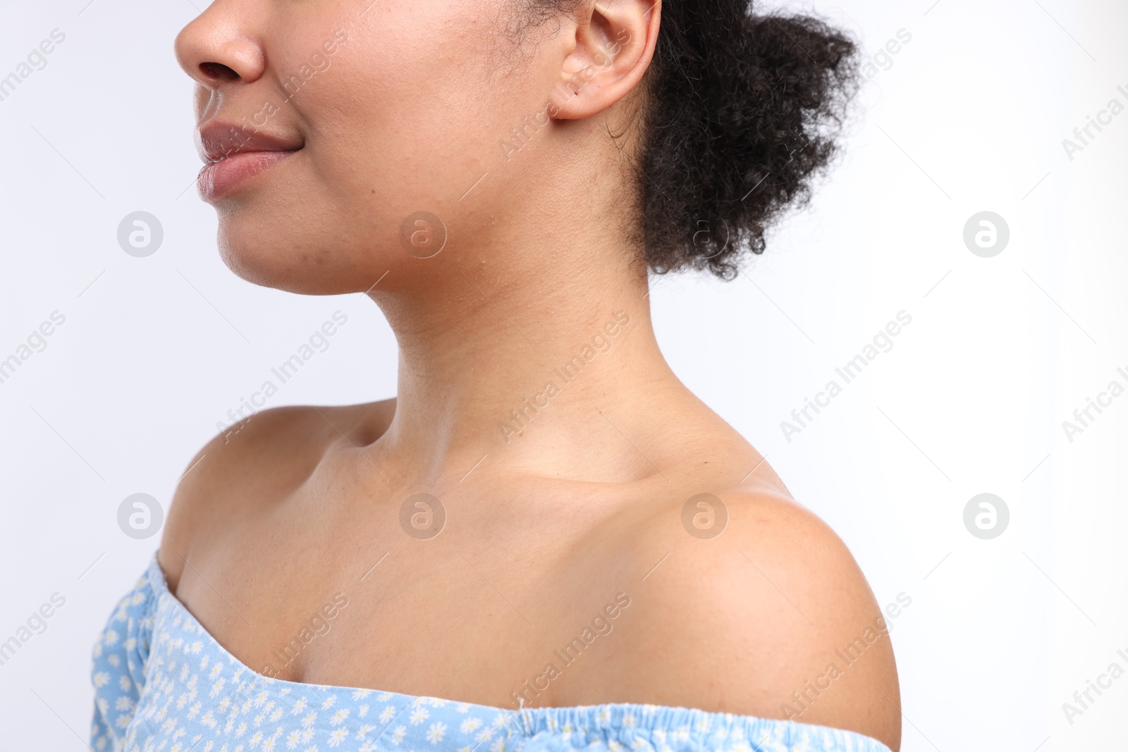 Young woman with healthy skin on white background, closeup Photo of Young woman with healthy skin on white background, closeup