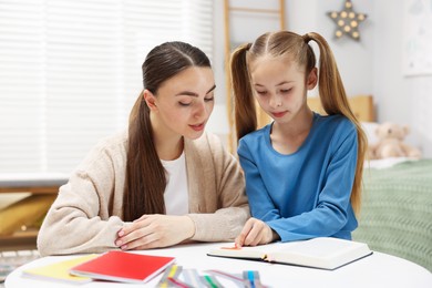 Photo of Dyslexia. Mother and her daughter reading book at table indoors