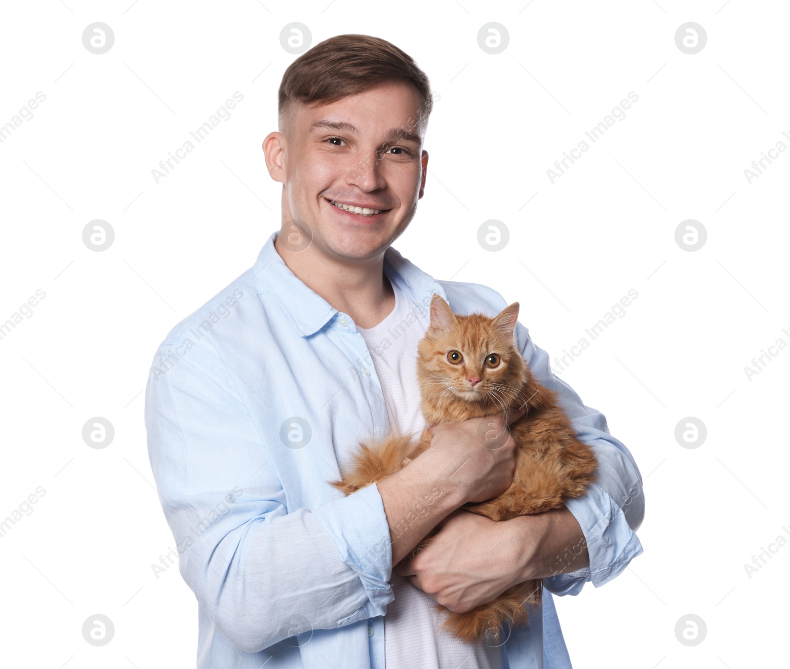 Man with cute ginger cat on white background Photo of Man with cute ginger cat on white background