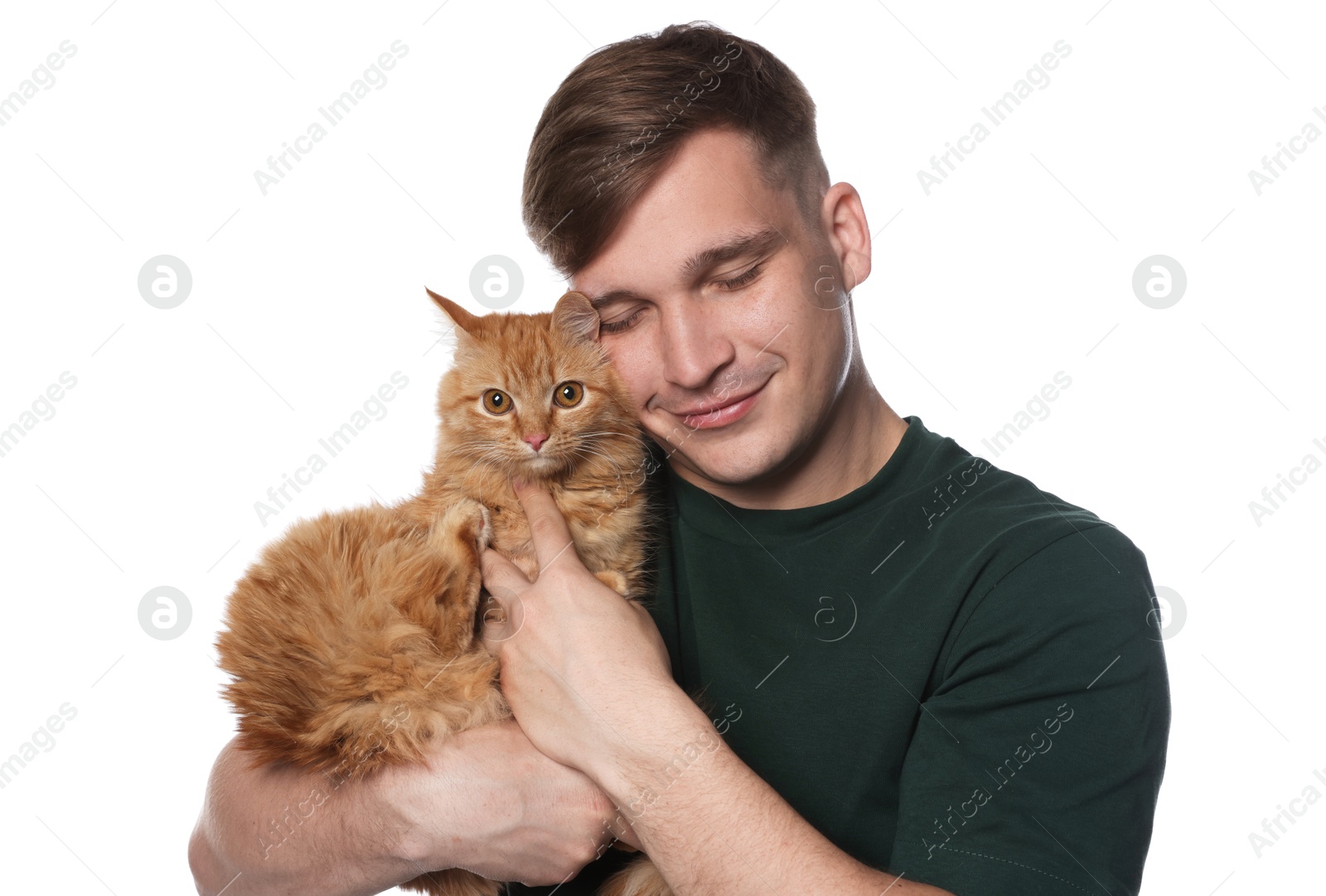 Photo of Man with cute ginger cat on white background