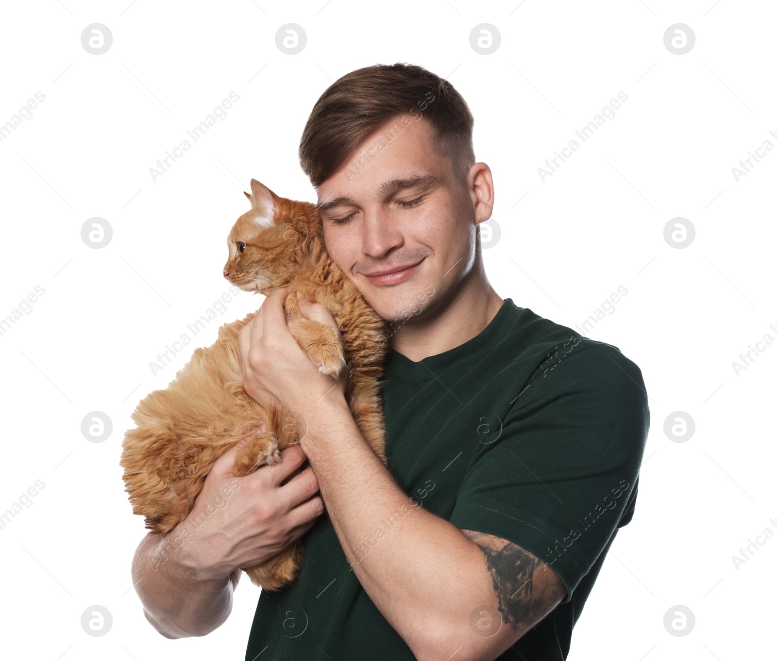 Photo of Man with cute ginger cat on white background