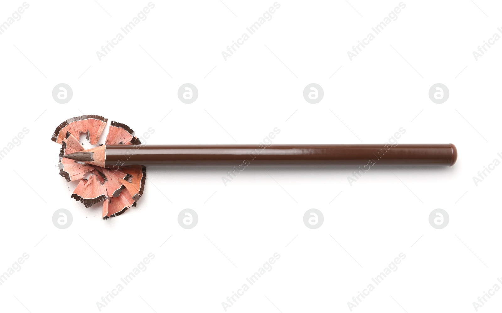 Beautiful eyebrow pencil and shavings isolated on white, top view Photo of Beautiful eyebrow pencil and shavings isolated on white, top view