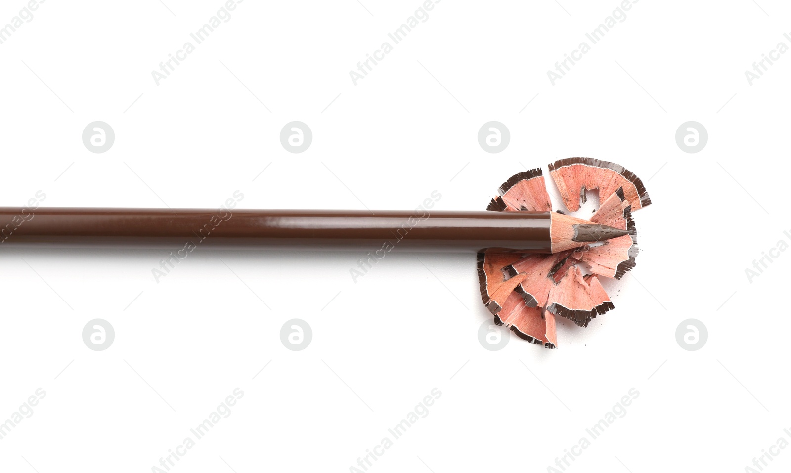 Beautiful eyebrow pencil and shavings isolated on white, top view Photo of Beautiful eyebrow pencil and shavings isolated on white, top view