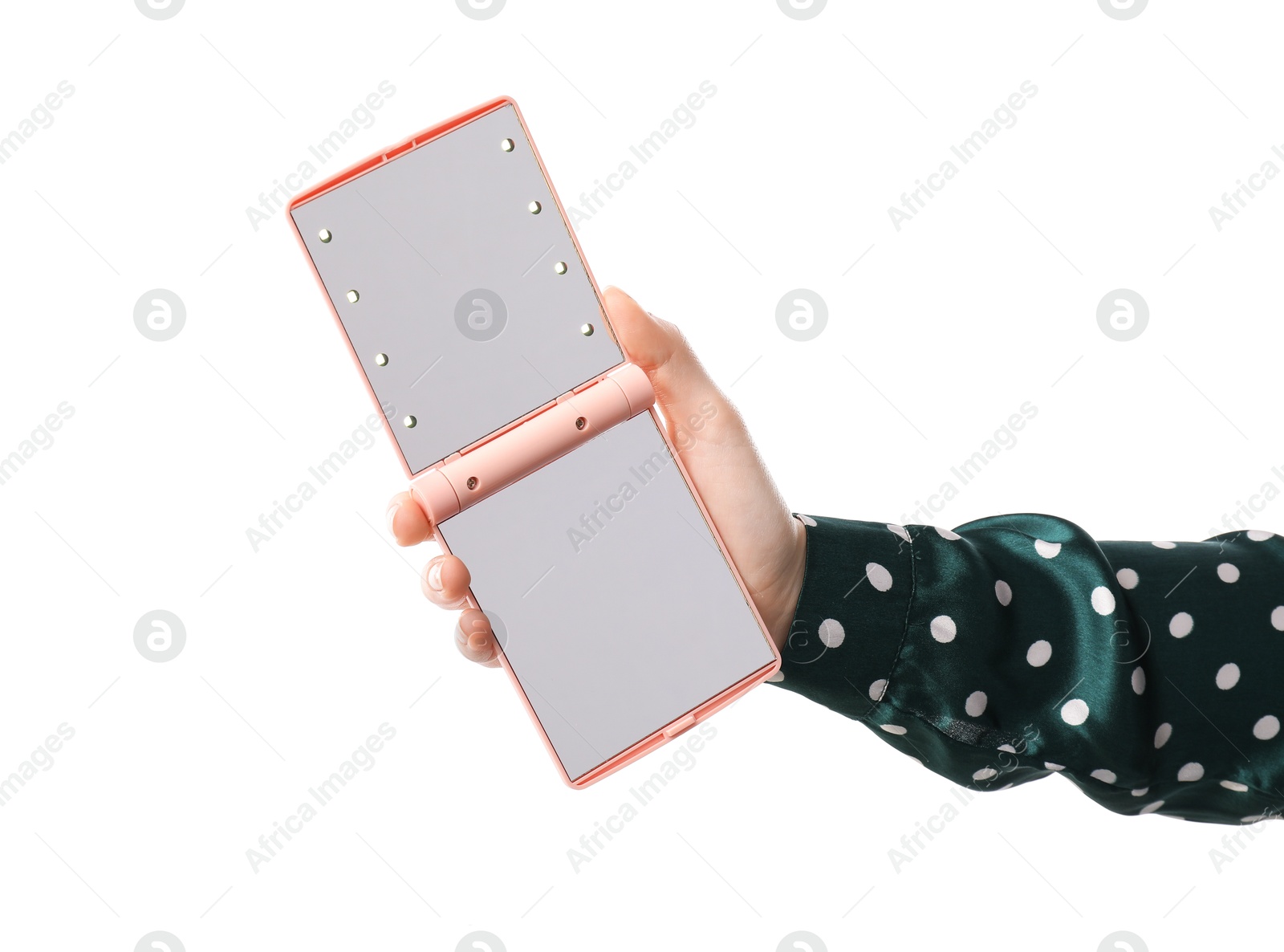 Photo of Woman holding open pocket mirror on white background, closeup