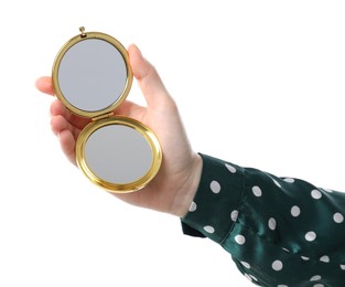 Photo of Woman holding open pocket mirror on white background, closeup