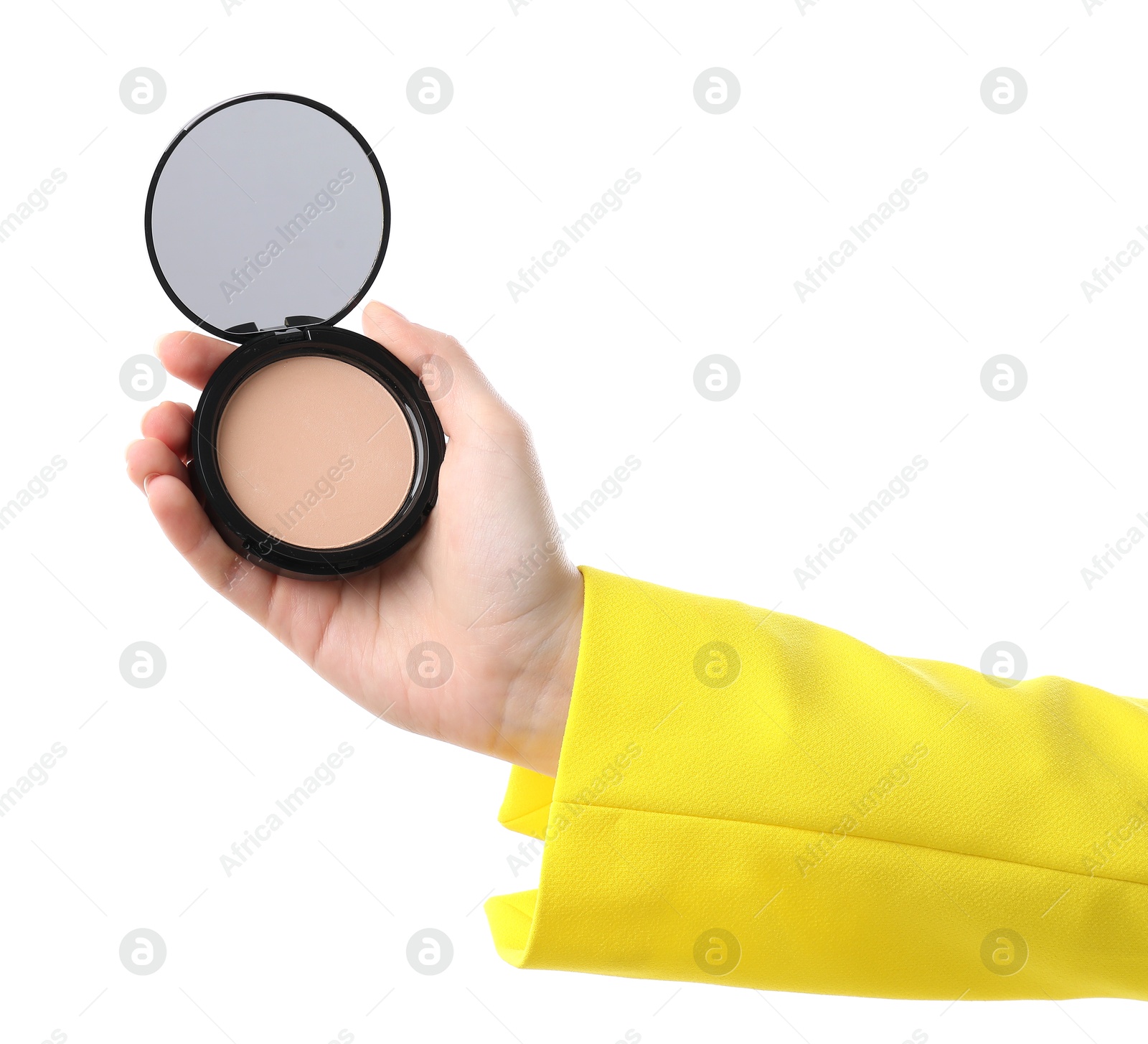 Woman holding open face powder with mirror on white background, closeup Photo of Woman holding open face powder with mirror on white background, closeup