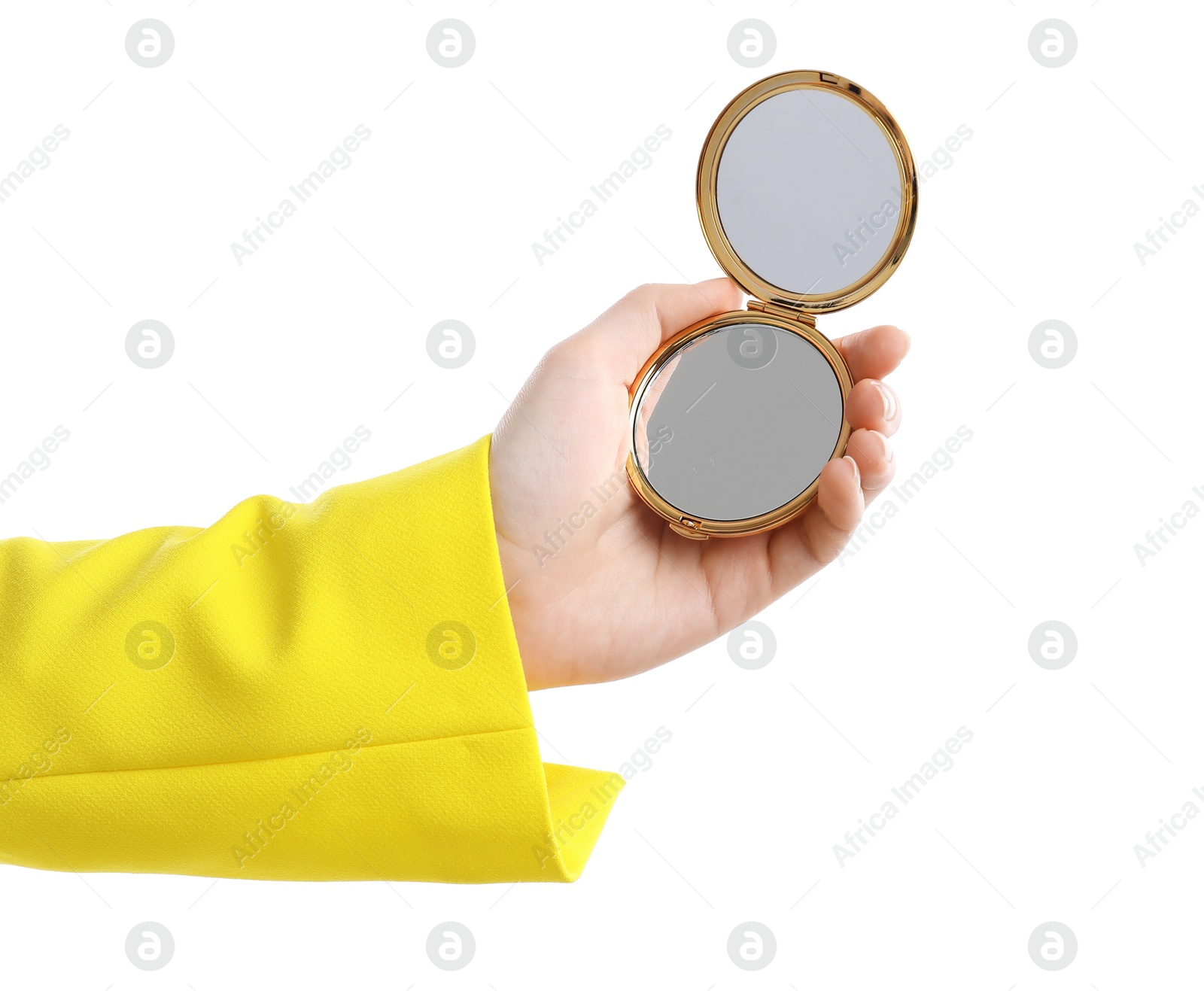 Woman holding open pocket mirror on white background, closeup Photo of Woman holding open pocket mirror on white background, closeup