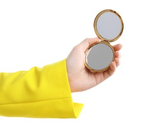 Photo of Woman holding open pocket mirror on white background, closeup