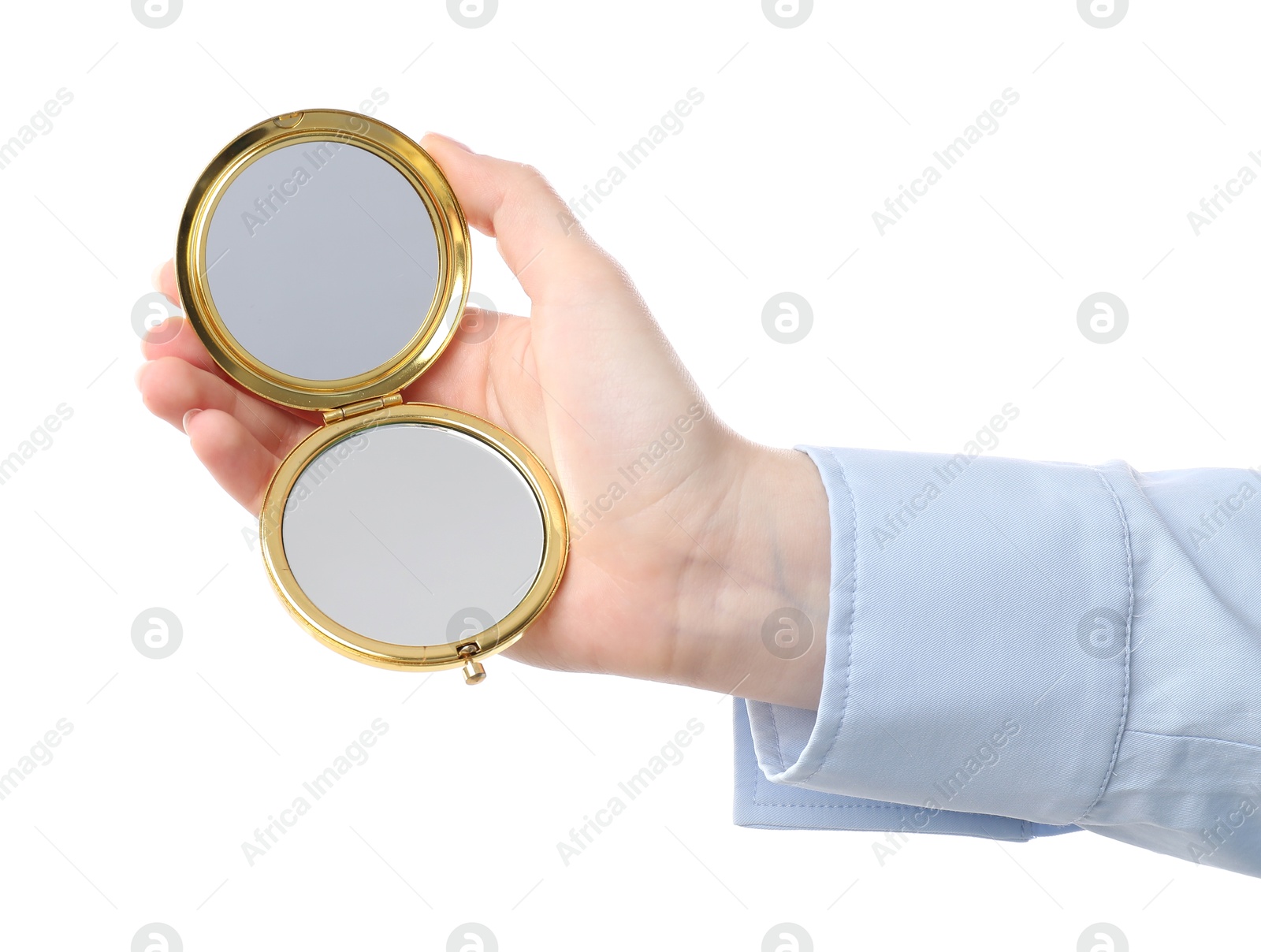 Woman holding open pocket mirror on white background, closeup Photo of Woman holding open pocket mirror on white background, closeup