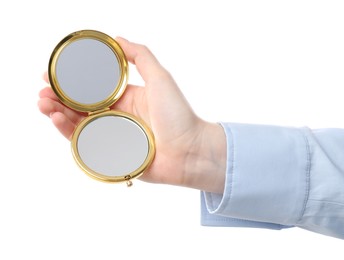 Photo of Woman holding open pocket mirror on white background, closeup
