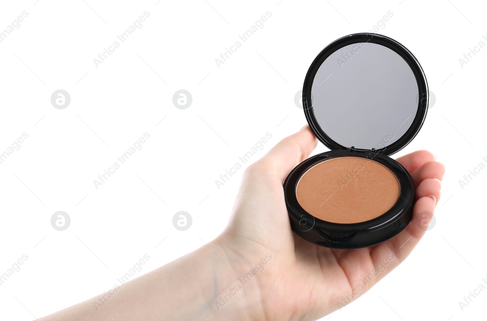 Woman holding open face powder with mirror on white background, closeup Photo of Woman holding open face powder with mirror on white background, closeup