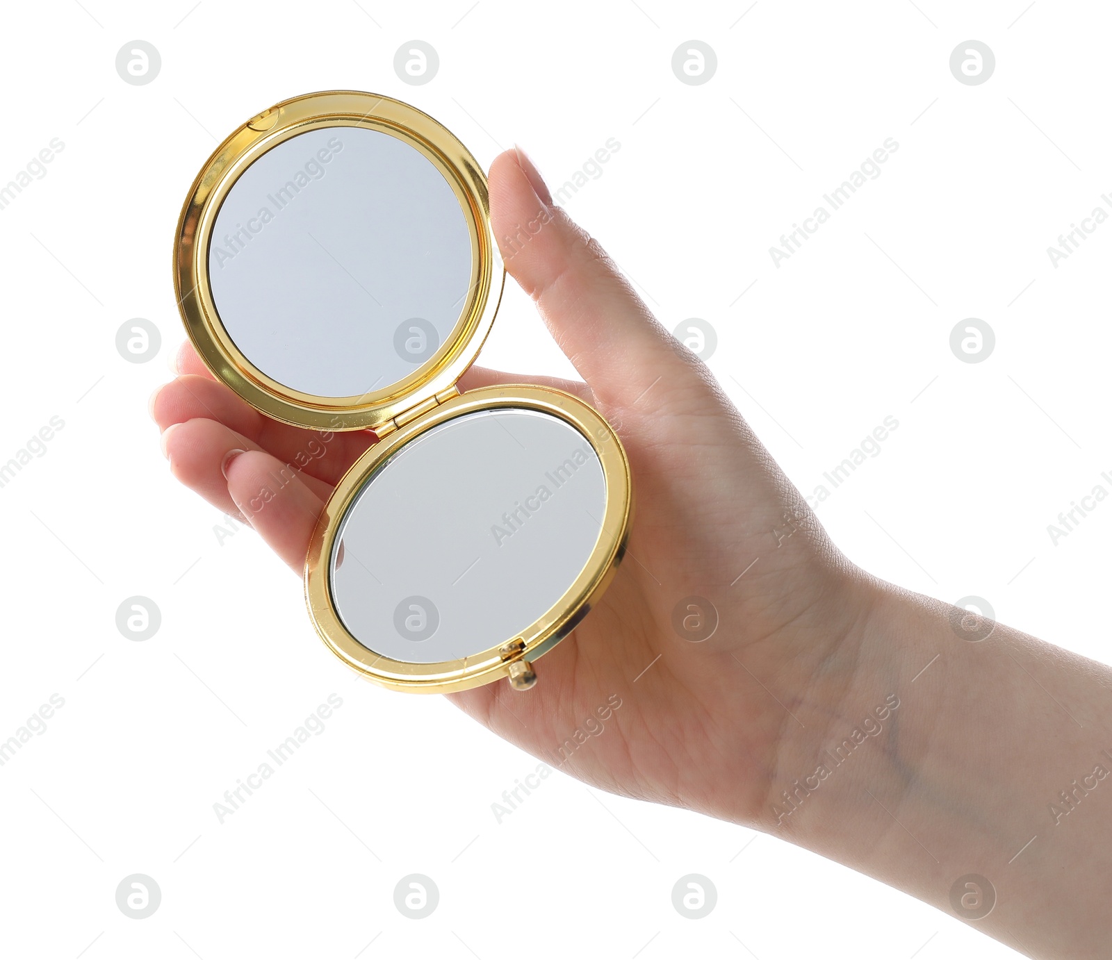 Photo of Woman holding open pocket mirror on white background, closeup