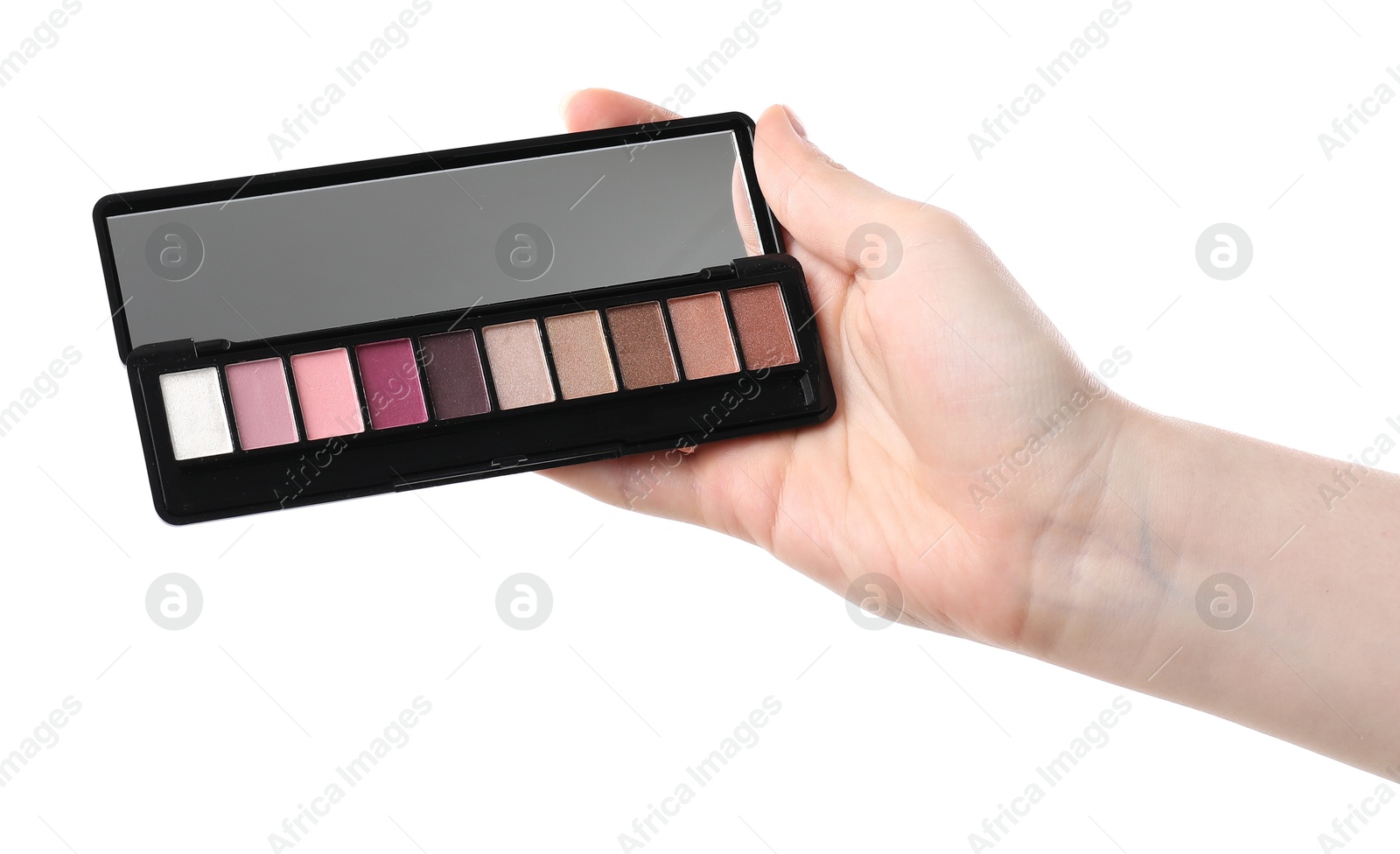 Woman holding eyeshadow palette with mirror on white background, closeup Photo of Woman holding eyeshadow palette with mirror on white background, closeup