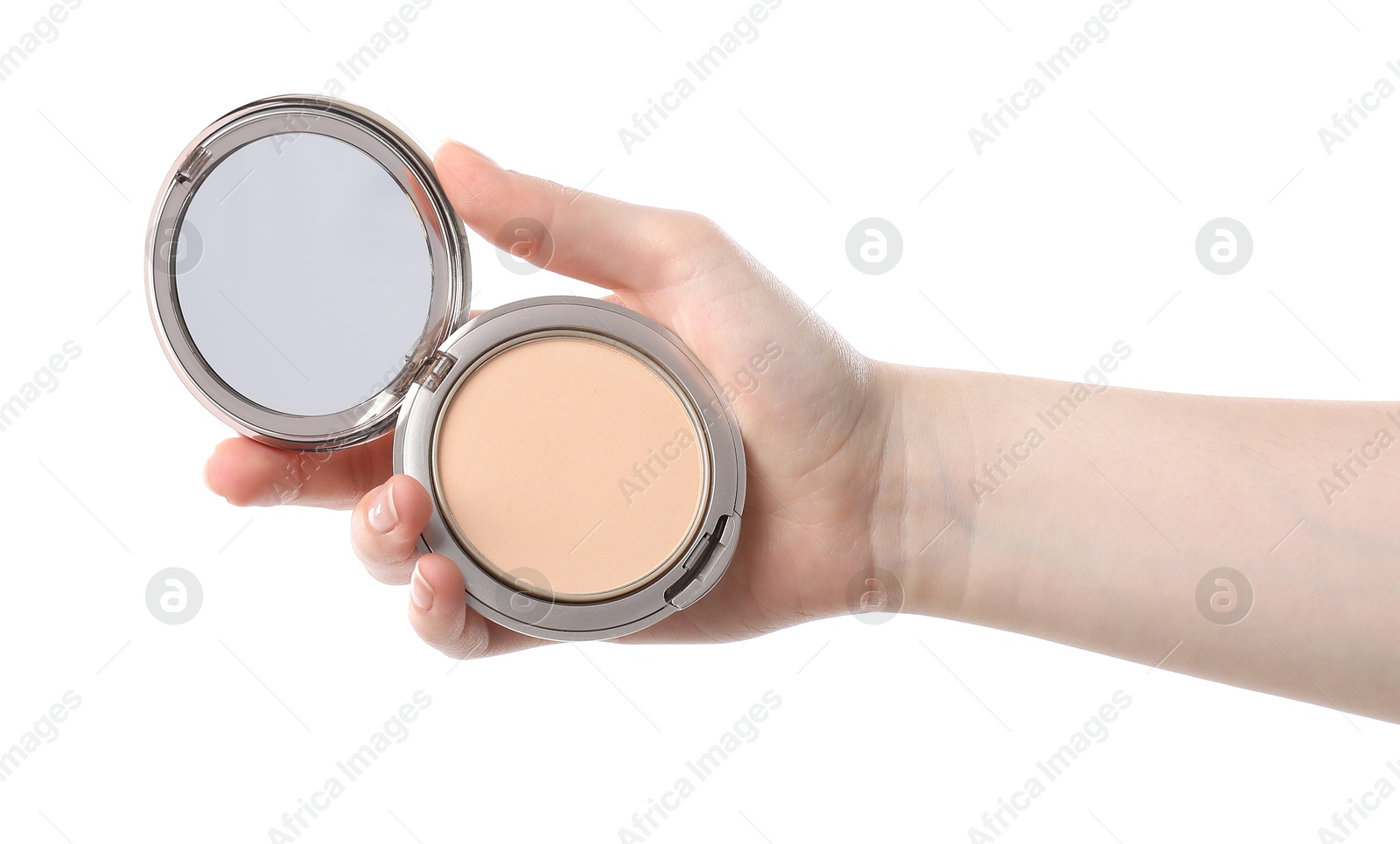 Photo of Woman holding open face powder with mirror on white background, closeup