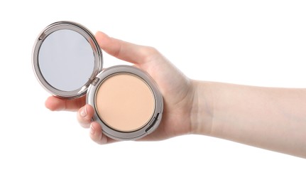 Photo of Woman holding open face powder with mirror on white background, closeup