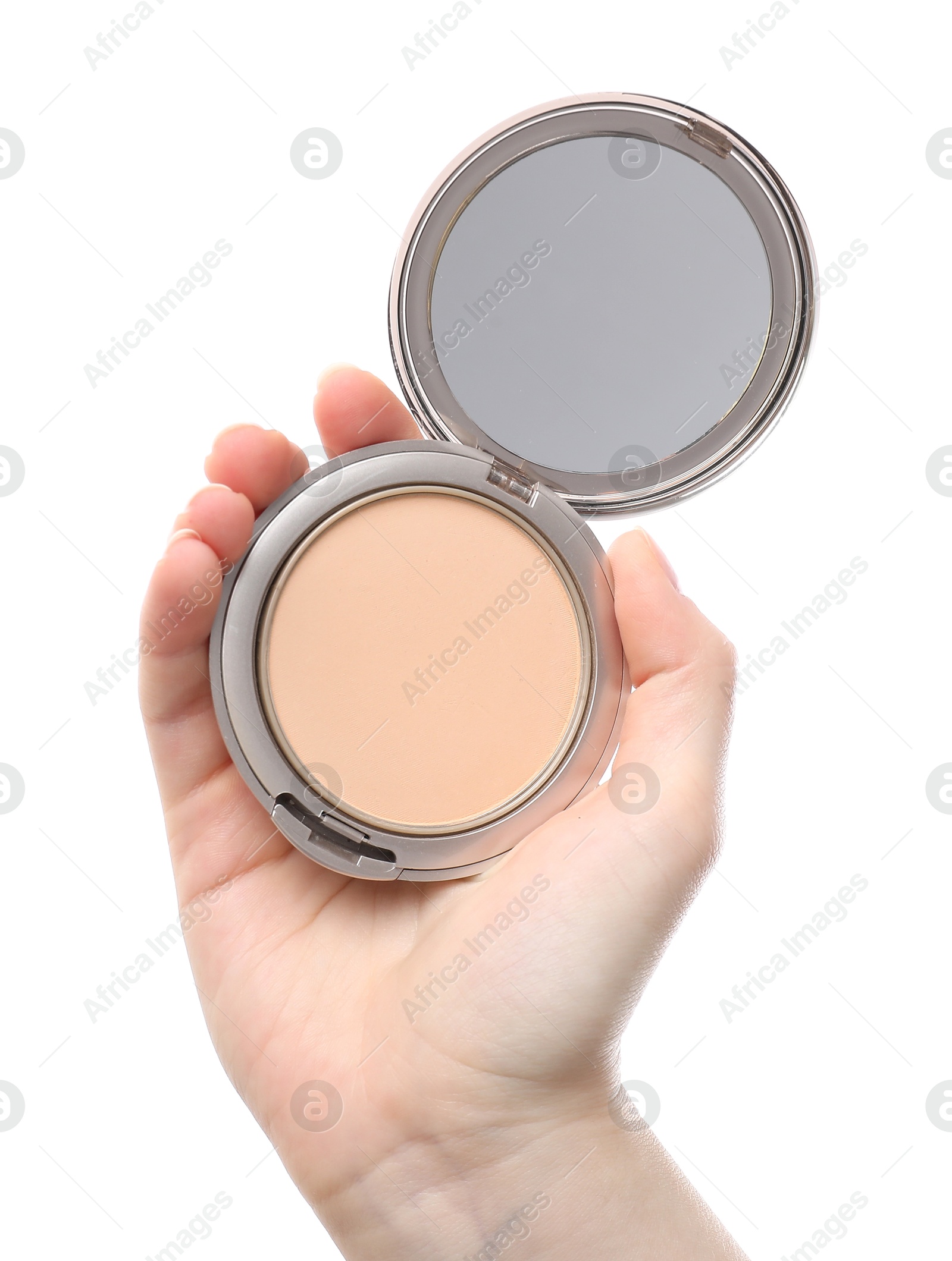 Woman holding open face powder with mirror on white background, closeup Photo of Woman holding open face powder with mirror on white background, closeup