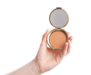 Photo of Woman holding open face powder with mirror on white background, closeup