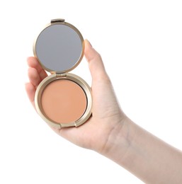 Photo of Woman holding open face powder with mirror on white background, closeup