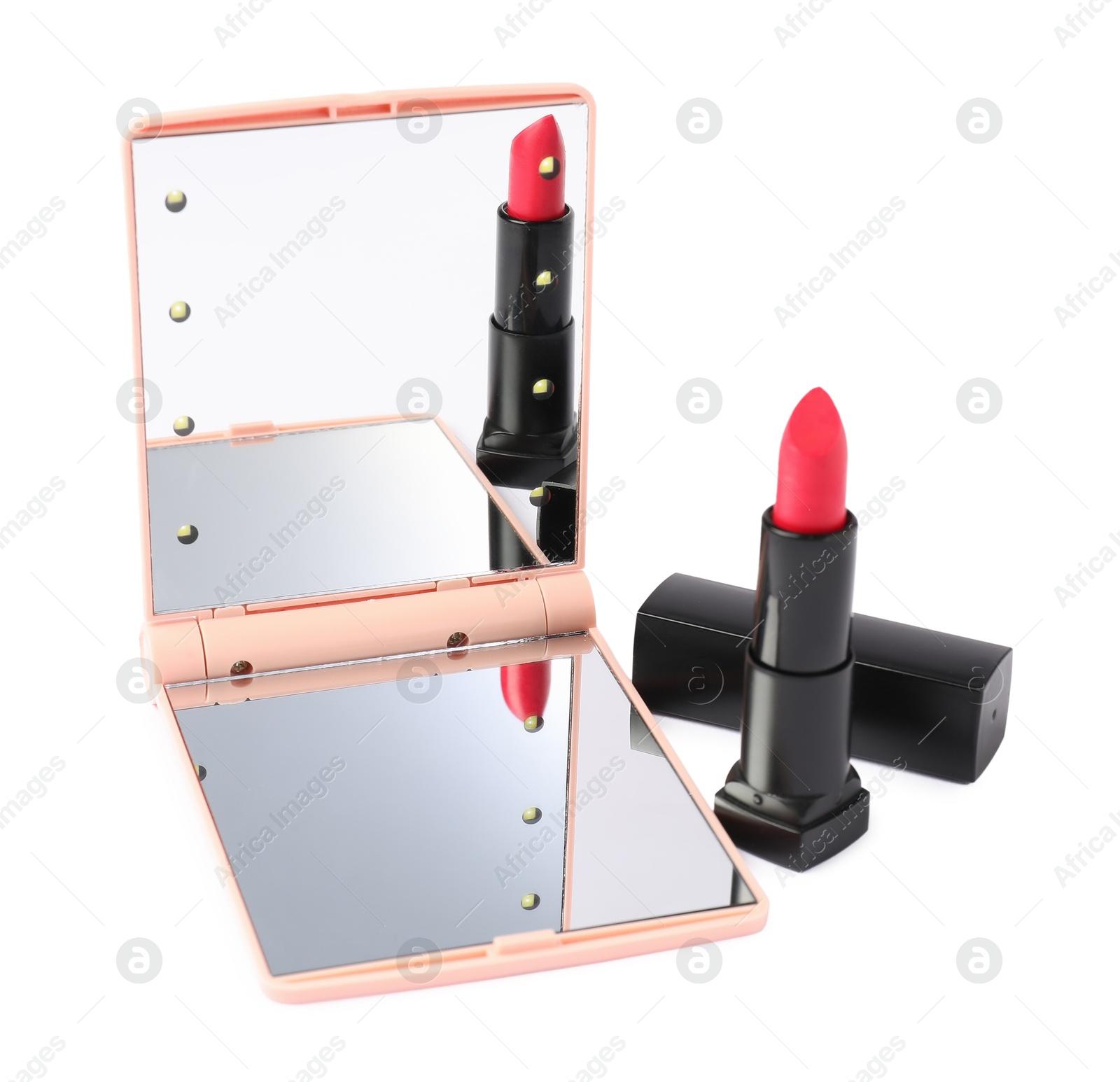Open pocket mirror and lipstick isolated on white Photo of Open pocket mirror and lipstick isolated on white