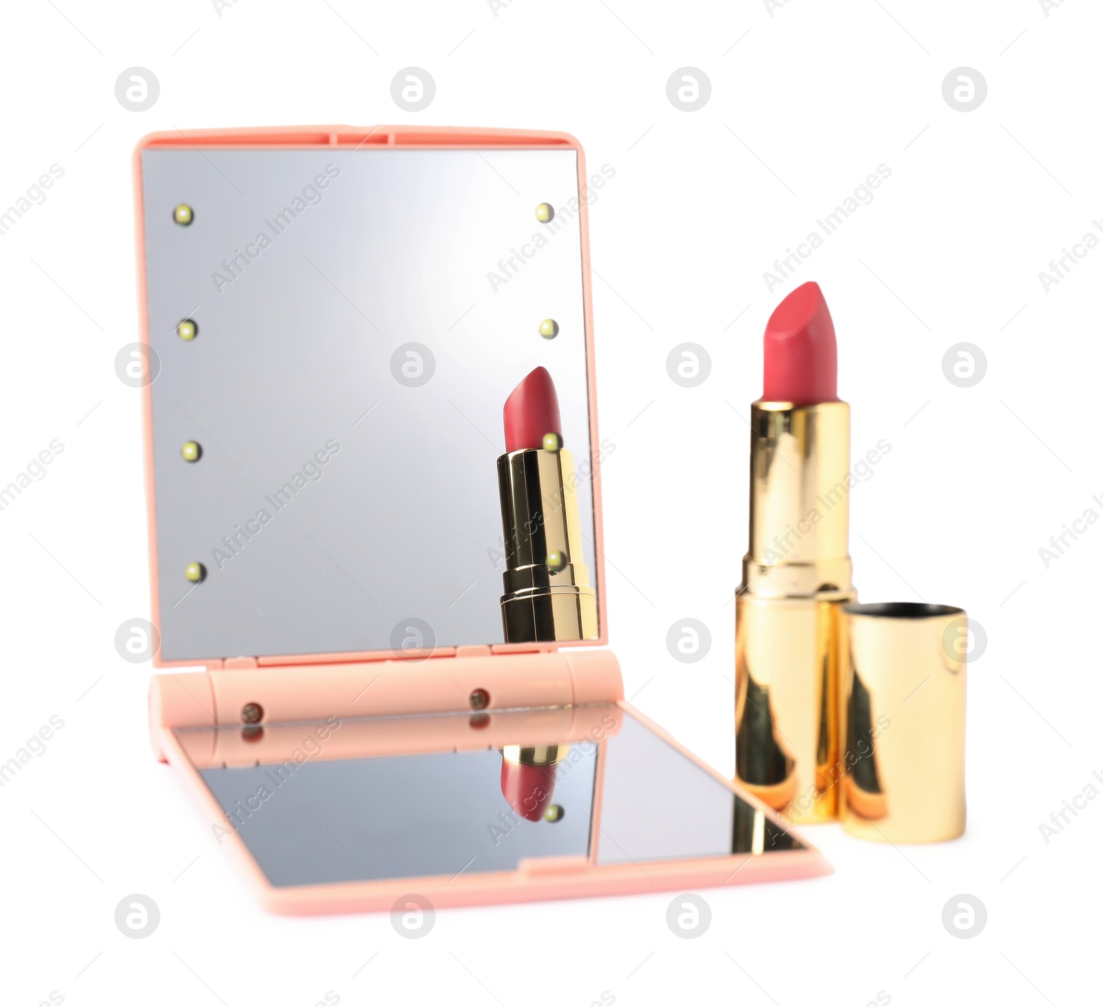 Open pocket mirror and lipstick isolated on white Photo of Open pocket mirror and lipstick isolated on white