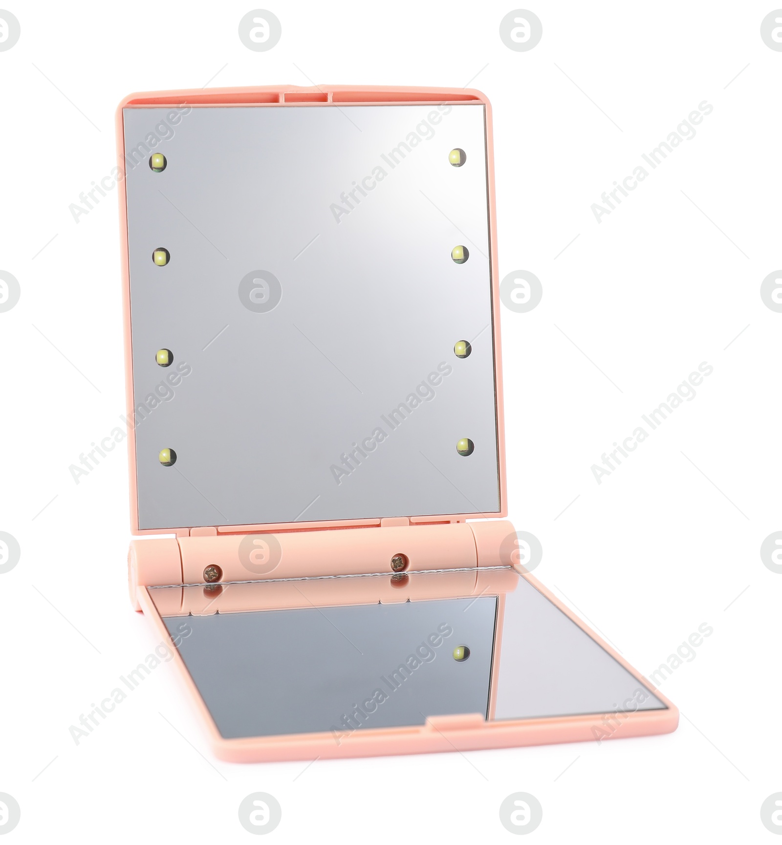 One open pocket mirror isolated on white Photo of One open pocket mirror isolated on white