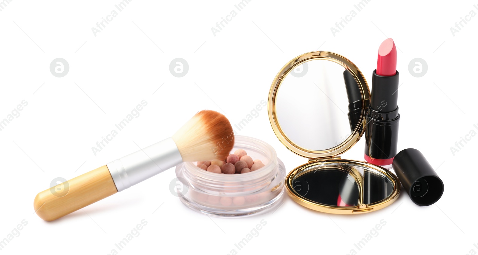 Open pocket mirror, blush, brush and lipstick isolated on white Photo of Open pocket mirror, blush, brush and lipstick isolated on white