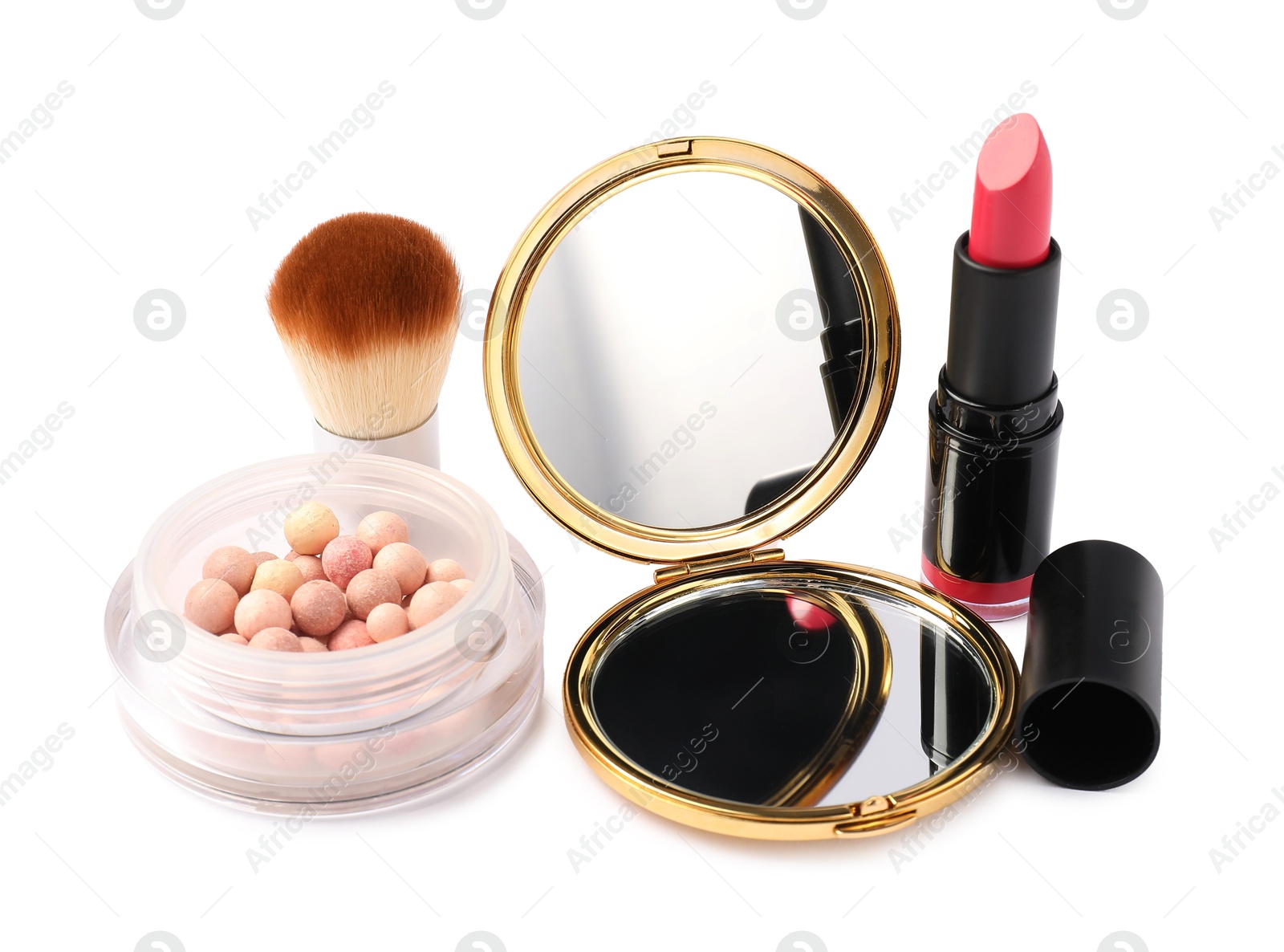 Open pocket mirror, blush, brush and lipstick isolated on white Photo of Open pocket mirror, blush, brush and lipstick isolated on white