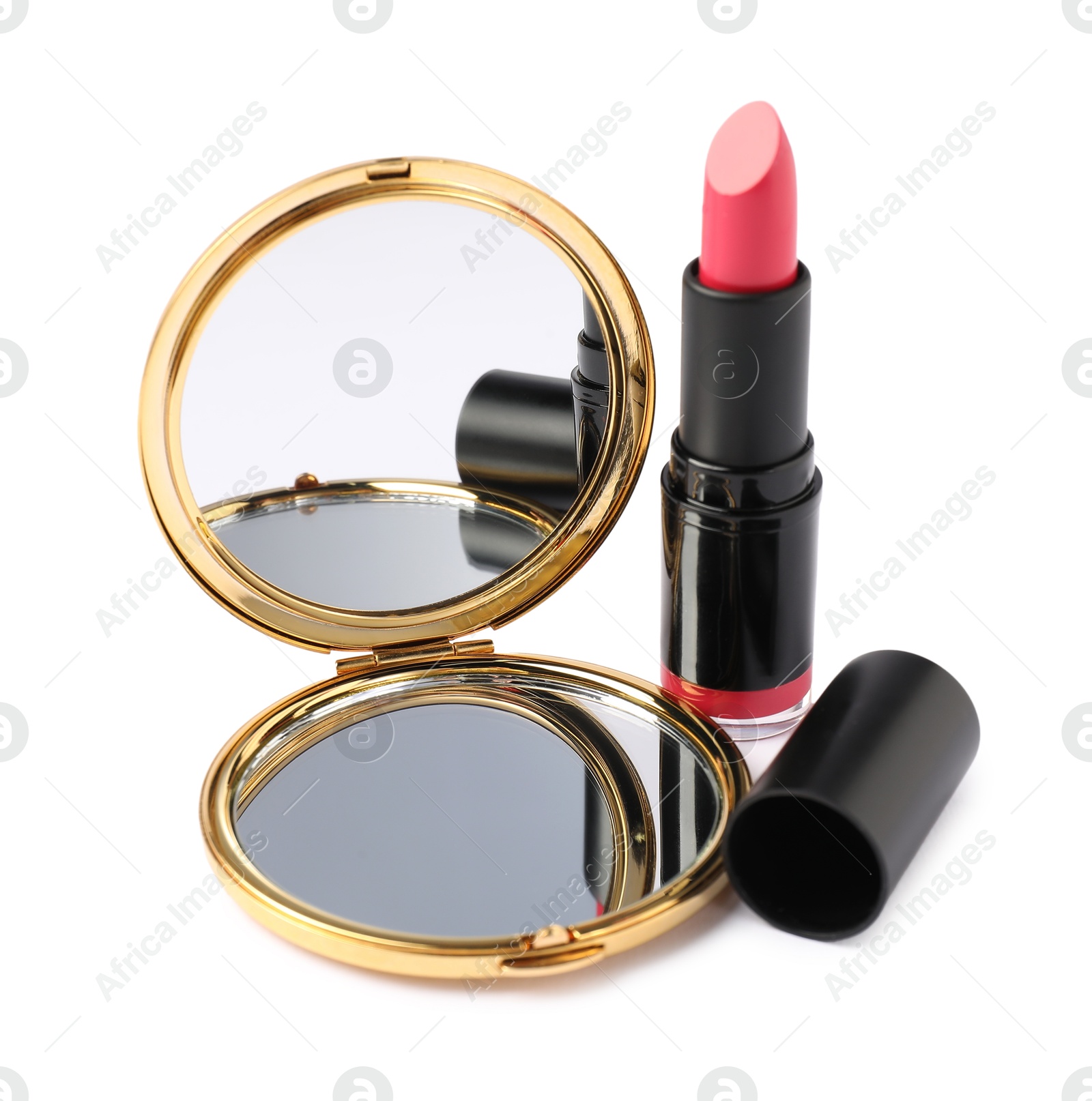 Open pocket mirror and lipstick isolated on white Photo of Open pocket mirror and lipstick isolated on white