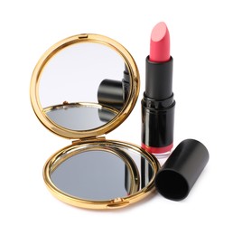 Photo of Open pocket mirror and lipstick isolated on white