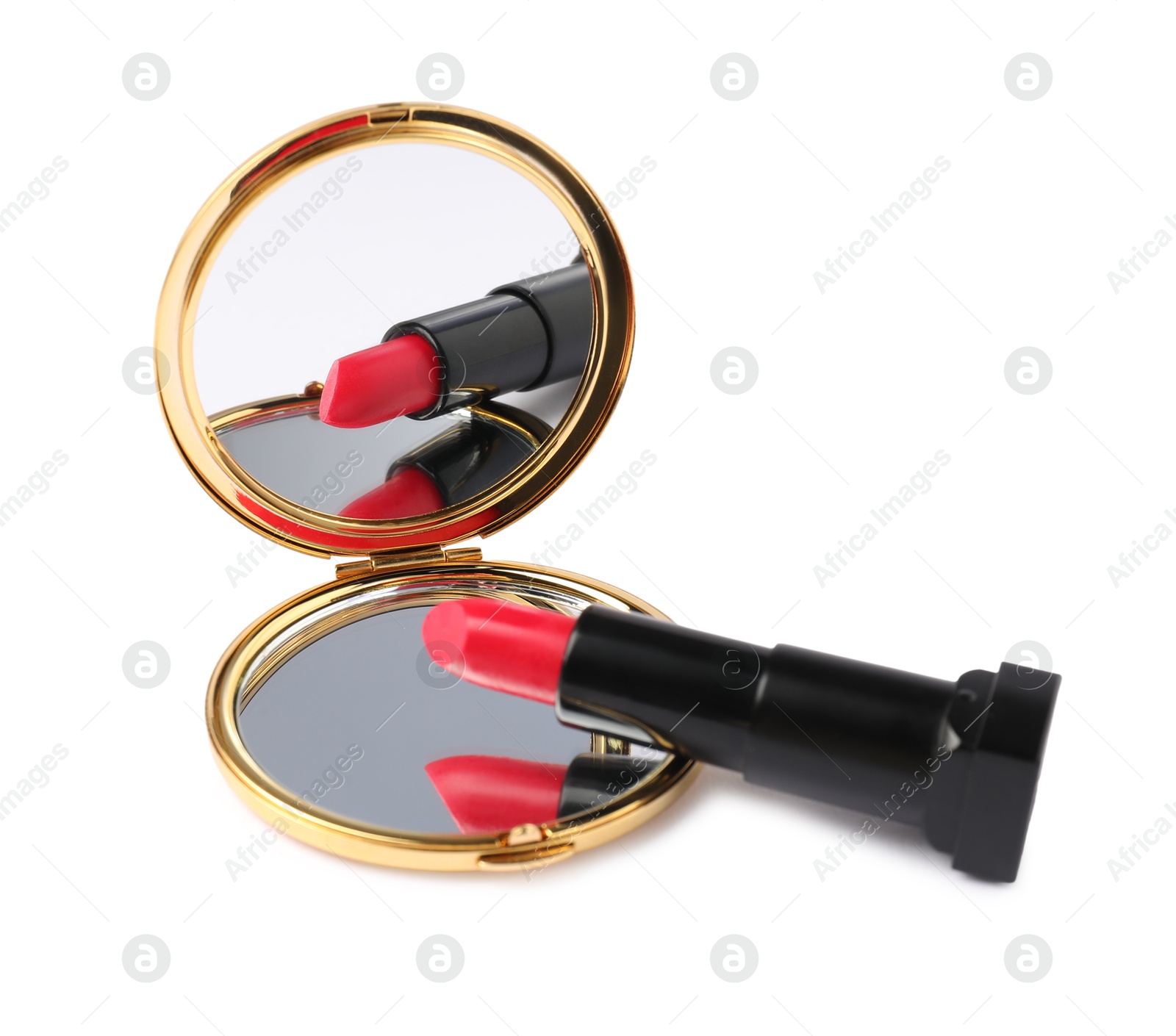Open pocket mirror and lipstick isolated on white Photo of Open pocket mirror and lipstick isolated on white