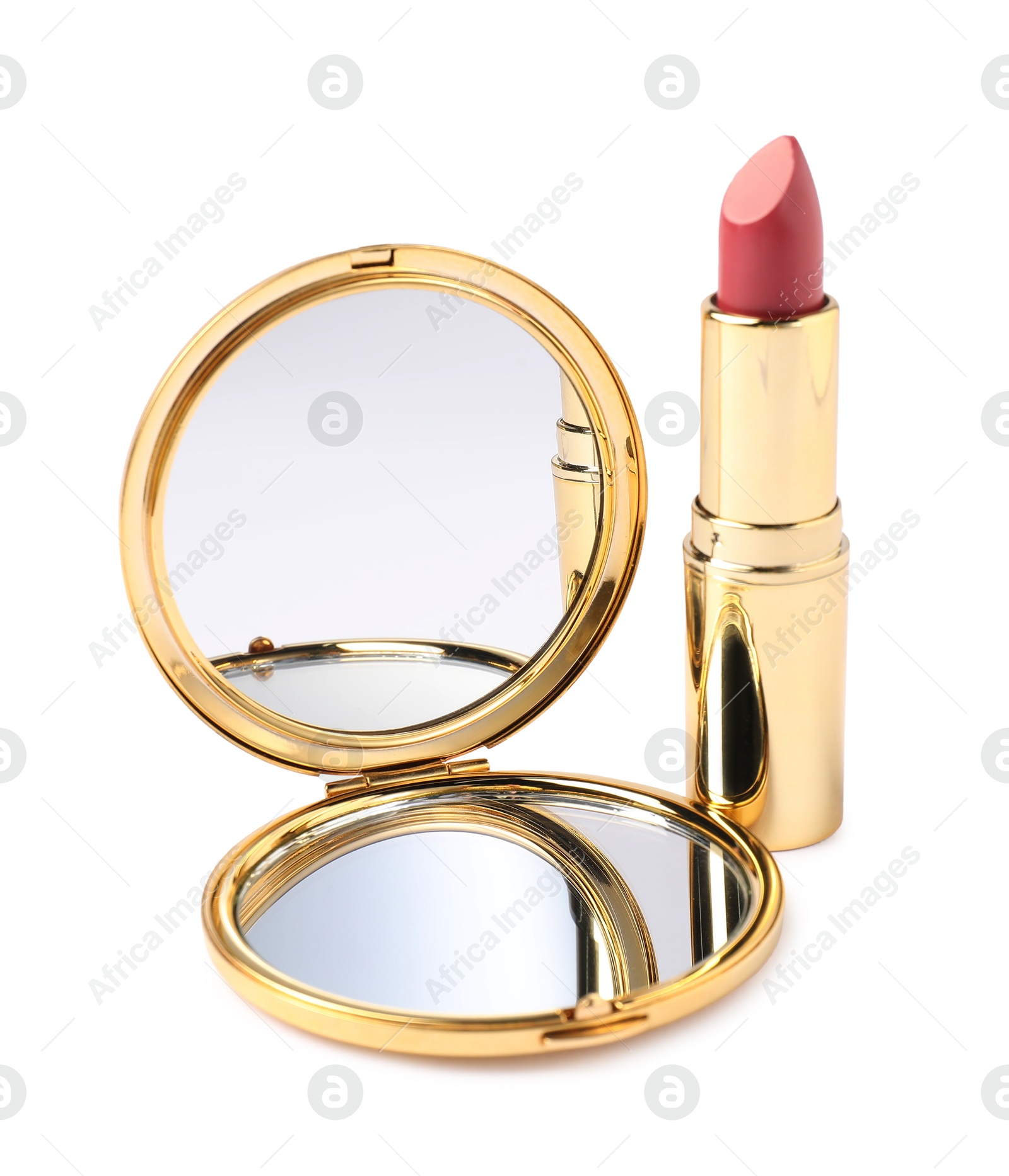 Open pocket mirror and lipstick isolated on white Photo of Open pocket mirror and lipstick isolated on white