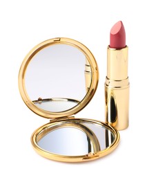 Photo of Open pocket mirror and lipstick isolated on white