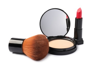 Photo of Open face powder with mirror, brush and lipstick isolated on white
