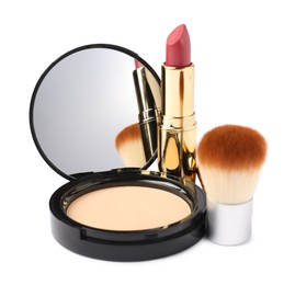 Photo of Open face powder with mirror, brush and lipstick isolated on white