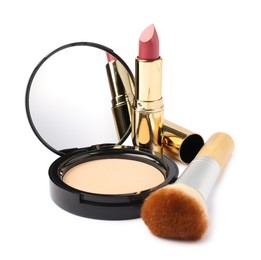 Photo of Open face powder with mirror, brush and lipstick isolated on white