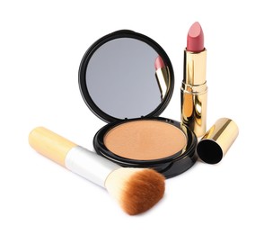 Photo of Open face powder with mirror, brush and lipstick isolated on white