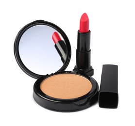 Photo of Open face powder with mirror and lipstick isolated on white